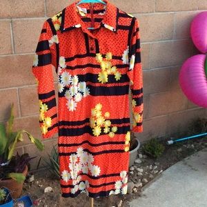 Vintage R & K Knits Dress Red Daisy's Yellow Sz S